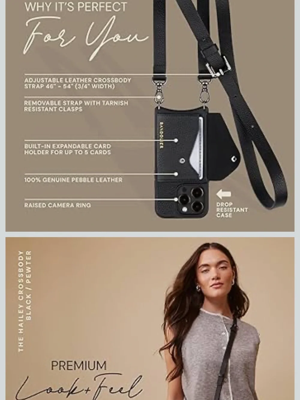 Bandolier Black Leather Phone Crossbody with 2 straps